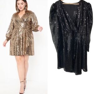 NWT Eloquii Sequin Puff Sleeve Wrap Dress Black 18